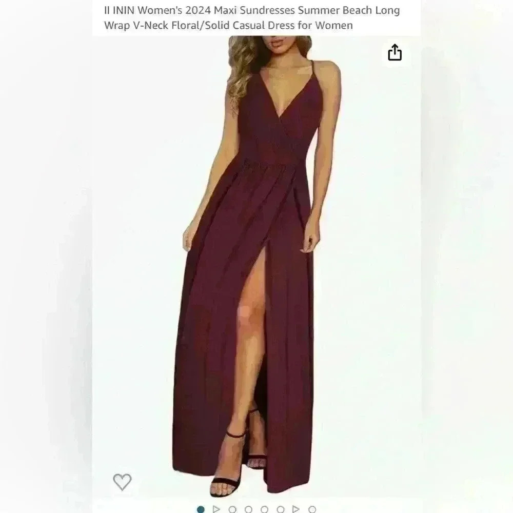 II ININ Women's 2023 Maxi Sundresses Summer Beach Long Wrap V-Neck Solid-L-NWT